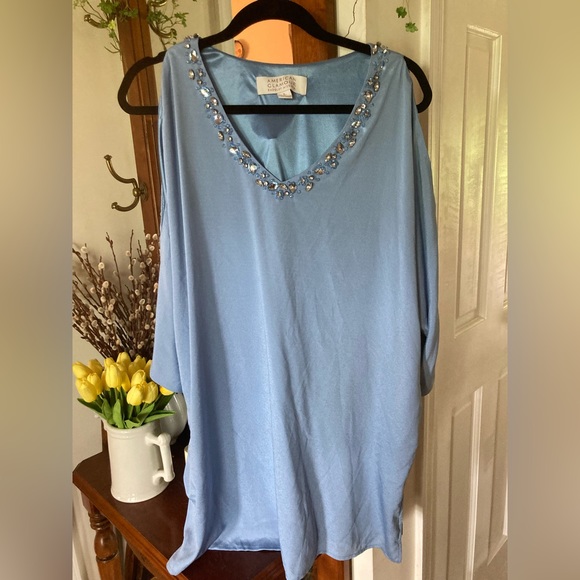 AMERICAN GLAMOUR Badgely Mischka Cold Shoulder Tunic BABY BLUE RHINESTONES Large - Picture 2 of 14
